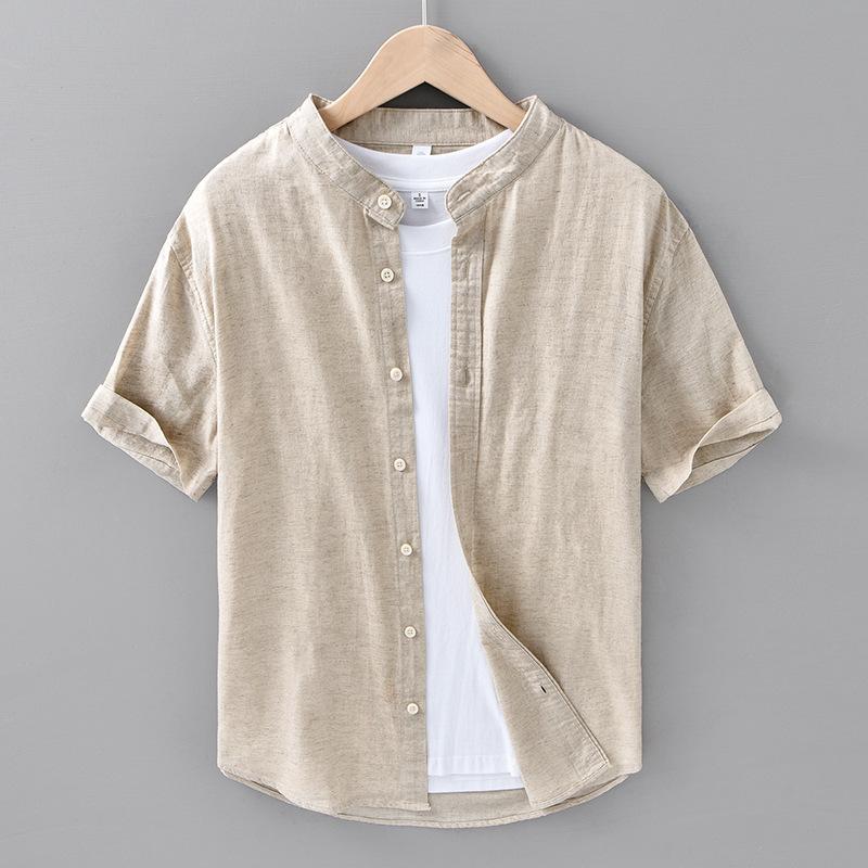 Solid Color Stand Collar Short Sleeve Shirts for Men Daily Summer Tops Casual Soft and Comfortable Cotton Linen Shirt Simple Style Men Clothing