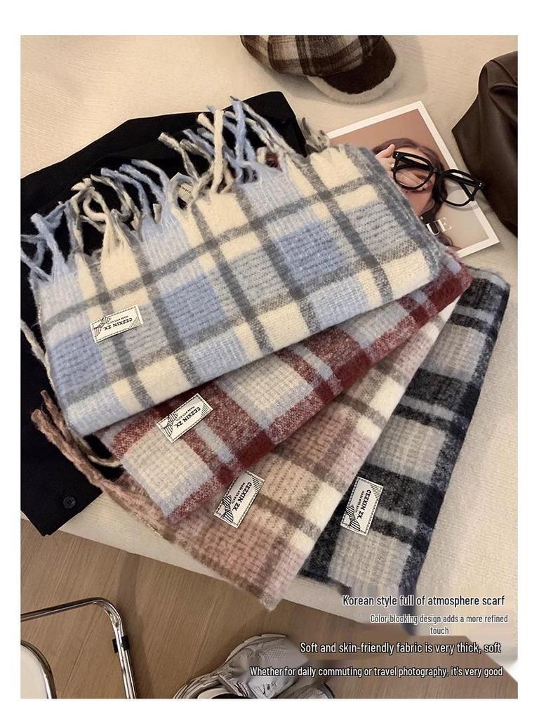 2025 Winter Red Plaid Scarf: Unisex Korean Style Blue & Black Neck Warmer
