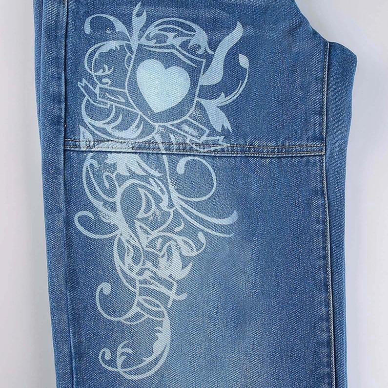 Damen Mid Rise Straight Leg Jeans Vintage Gewaschen Bedruckte Denim Hose Streetwear Lässige Hose