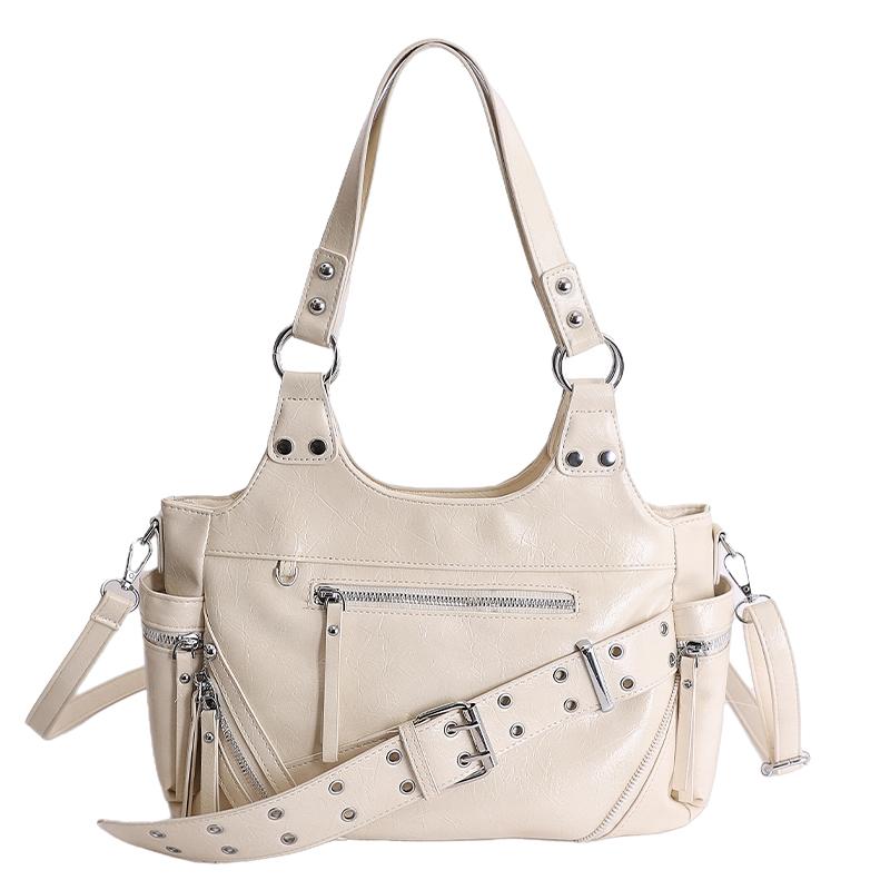 Spring Multi Zipper Large Capacity Shoulder Bag for Women 2026 Simple Motorcycle Style Underarm Bag Rivet Retro Commuter Bag