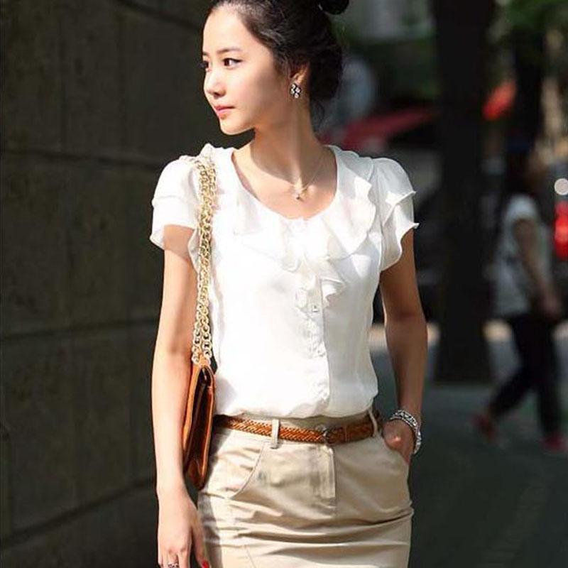 1pcs Woman Summer Korean Ruffled Shirt Lady Chiffon Lotus Leaf Sleeves Turndown Collar Slim Fit Shirt Female Business Attire Top