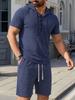 Mens Linen Hooded Short Sleeve Top And Shorts Set Summer Casual Beach