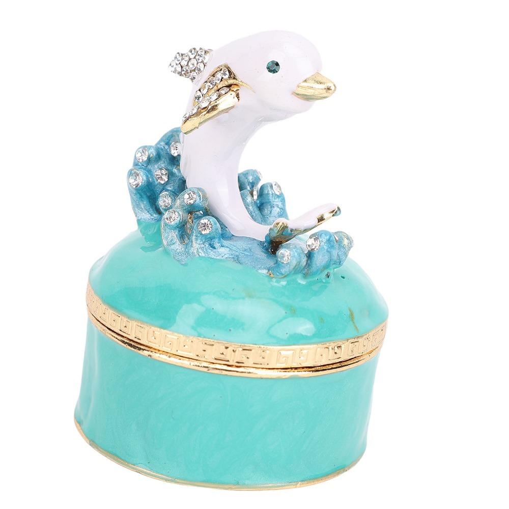 Rhinestone Decor Enamel Trinket Box Hinged Lid Hand Painted Jewelry Box Home Decor