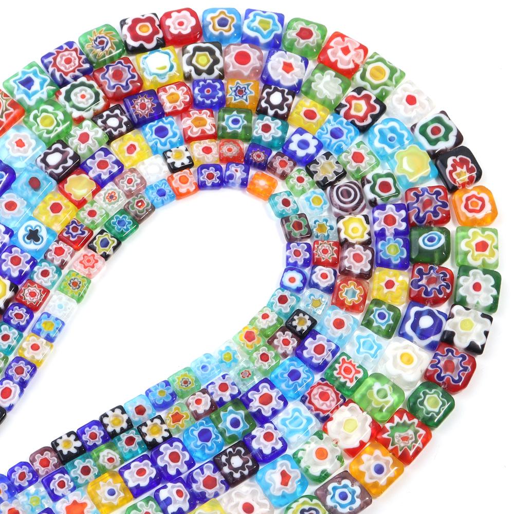 Thousand Flower Lampwork Beads Colored Square Spacer Loose Beads Glass Beads For Jewelry Making DIY Crafts Bracelet Findings