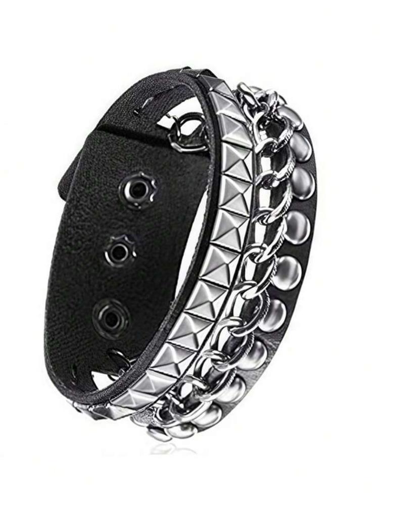 1Pc/4pcs Fashion Multi-layer Wide Leather Bracelet Punk Domineering Rivet Five-pointed Star Wrist Strap Personalized Bracelet
