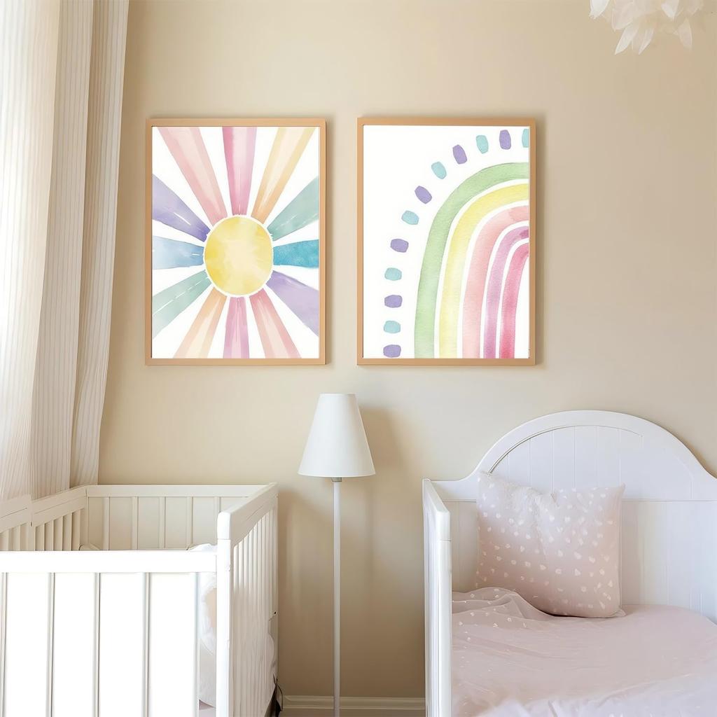 6Pcs Pink Boho Sun Rainbow Wall Art Colorful Heart Pattern Poster Prints Girl Power Canvas Pictures for Toddler Nursery Girl Kids Room