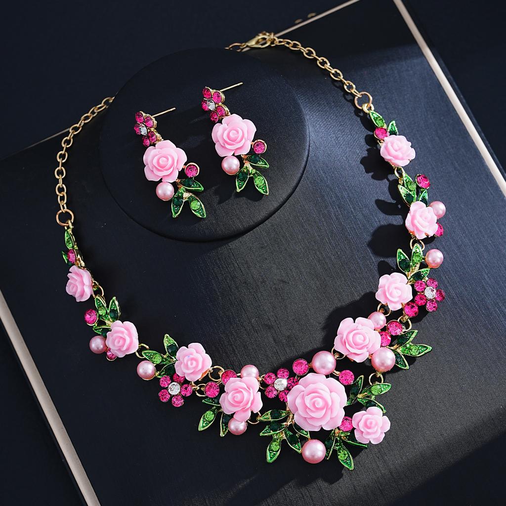 French Gentle Pink Rose Flower Pearl Necklace Earrings Set Mori Fresh Bridal Dress Accessories Women's 2026