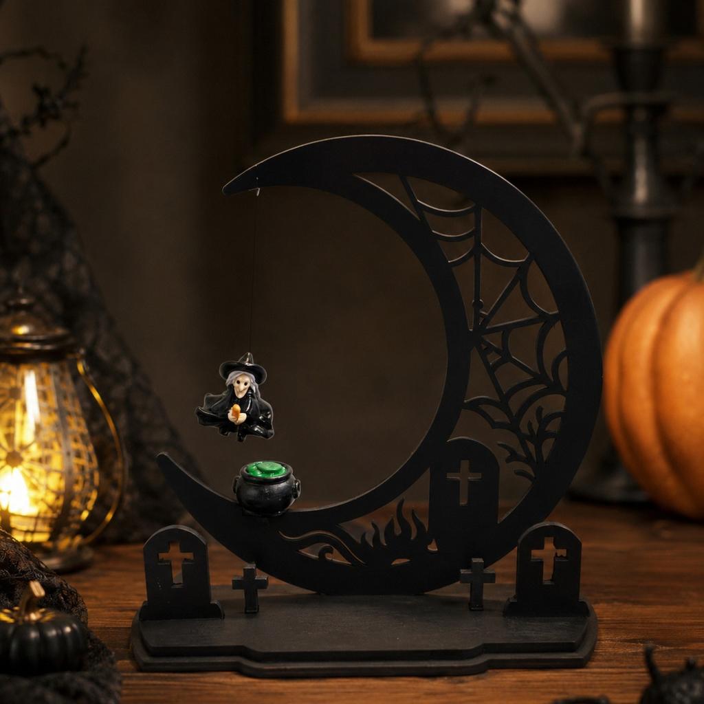 Halloween Magnetic Swinging Wooden Tabletop Decoration With, Witch and Pumpkin Moon Design
