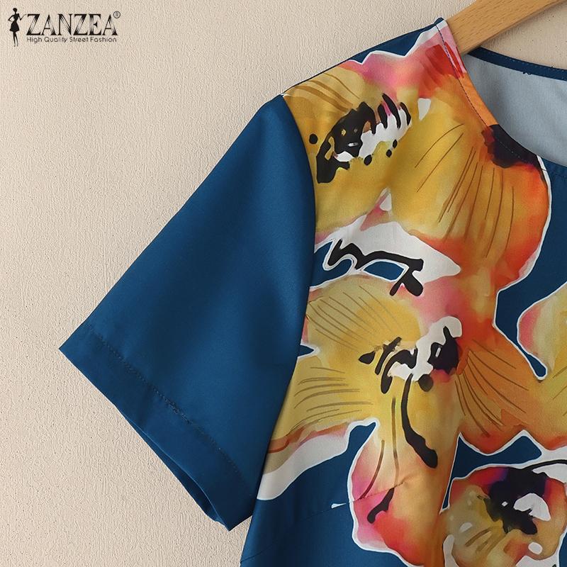 ZANZEA Women Floral Print Summer Casual Round Neck Short Sleeve Blouse