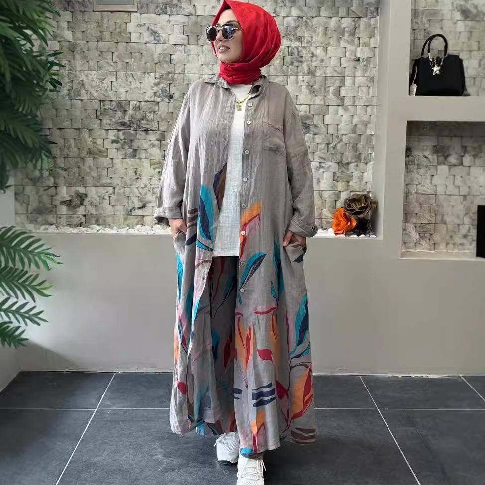 2024 Middle Eastern Fashion: Women's Print Long Cardigan & Wide-Leg Pants Two-Piece Set