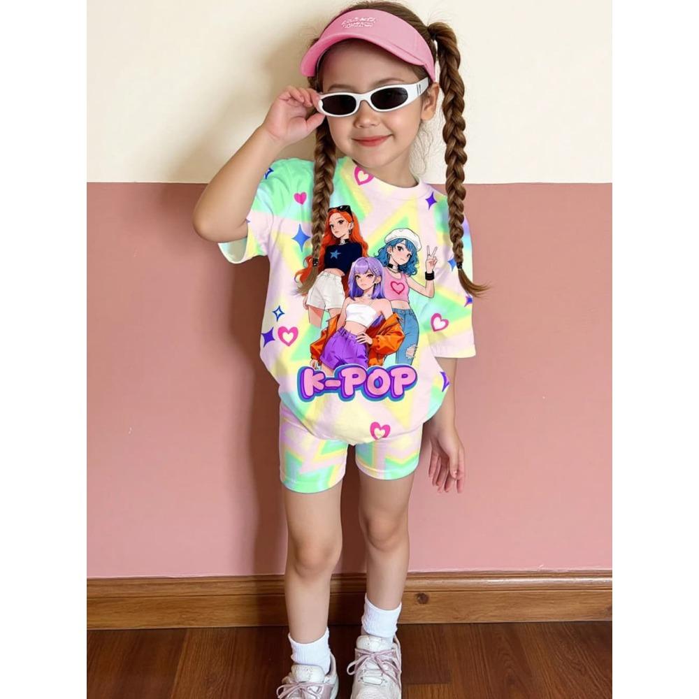 Kpop Cartoon Graphic New T-Shirt and Pants Set Girls' Summer Clothing Cute Short Sleeve Set Children's T-Shirt and Shorts Set