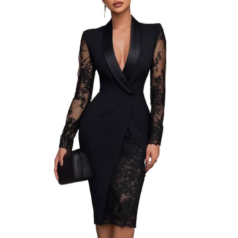 2026 Solid Color Lace Patchwork Lapel Suit Dress with Long Sleeves