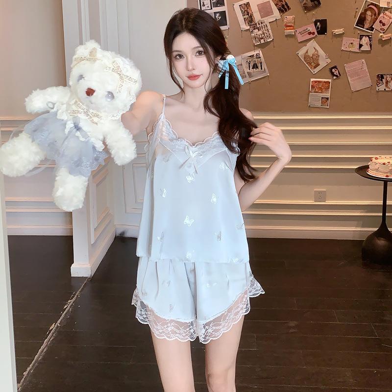 Ladies Spring and Summer New Ice Silk Pajamas Ironing Silver Butterfly Thin Sexy Suspender Shorts Set Silk Loungewear