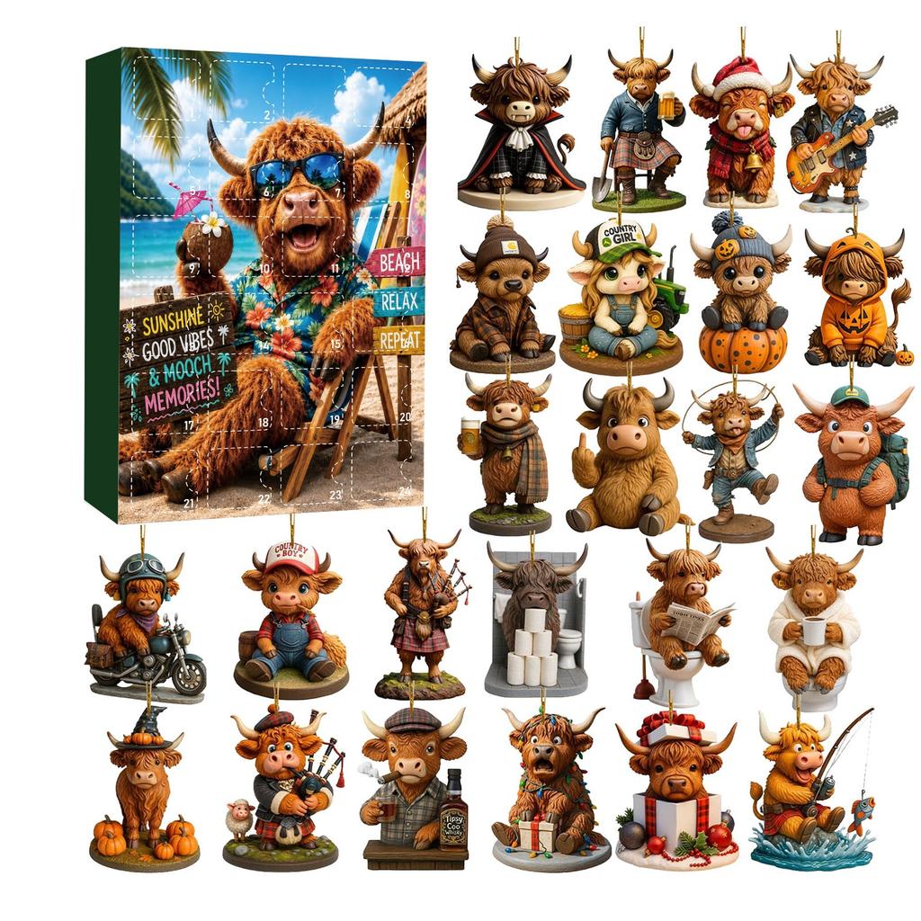 2026 New Highland Cow Figures Advent Calendar , 24PCS Decorative Hanging Ornament Countdown Calendar Christmas Gift Supplies