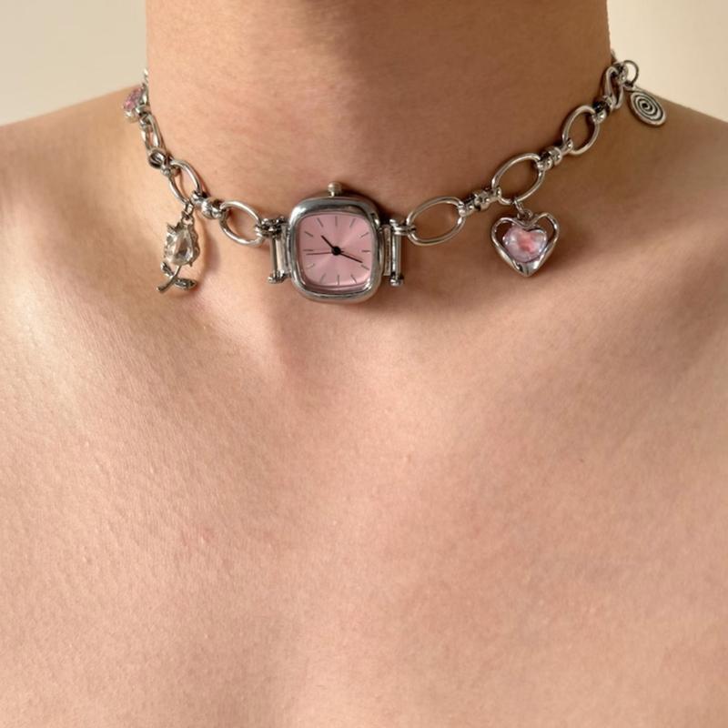 Heavy Duty Vintage Collarbone Chain Alloy Mechanical Watch Pendant Necklace Unique Sweet Cool Jewelry Gift for Women