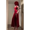 Summer French-Style Red Dress for Women, Slim-Fit Gown with a Flattering Waist, Elegant Slit Dress, Long Dress