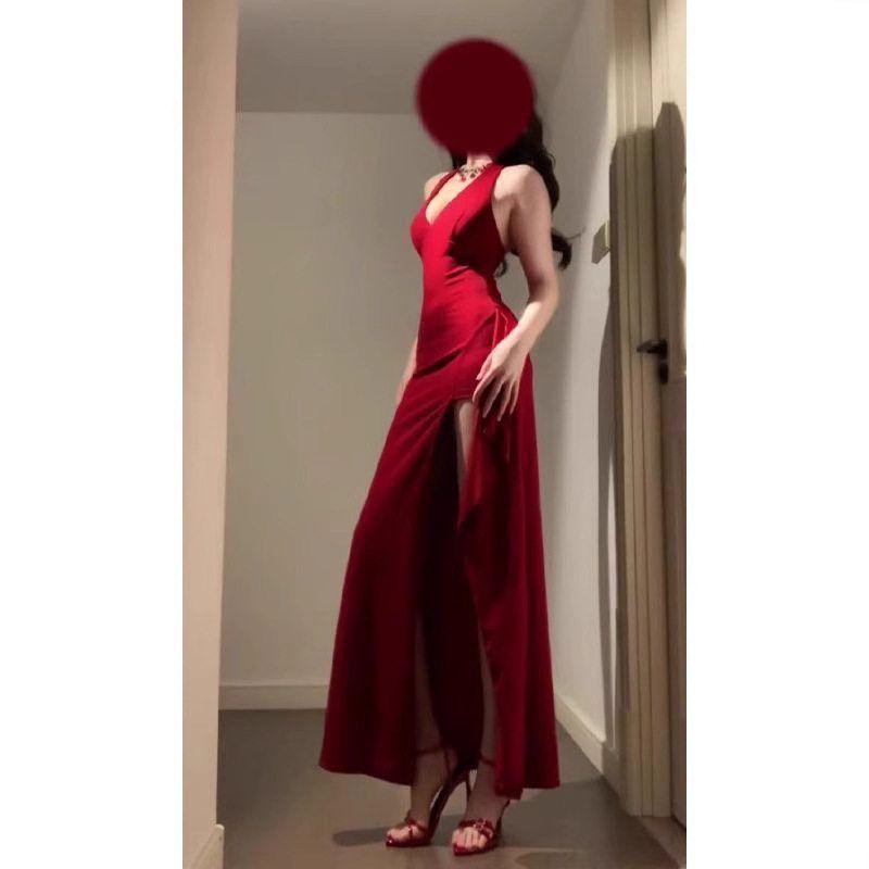 Summer French-Style Red Dress for Women, Slim-Fit Gown with a Flattering Waist, Elegant Slit Dress, Long Dress