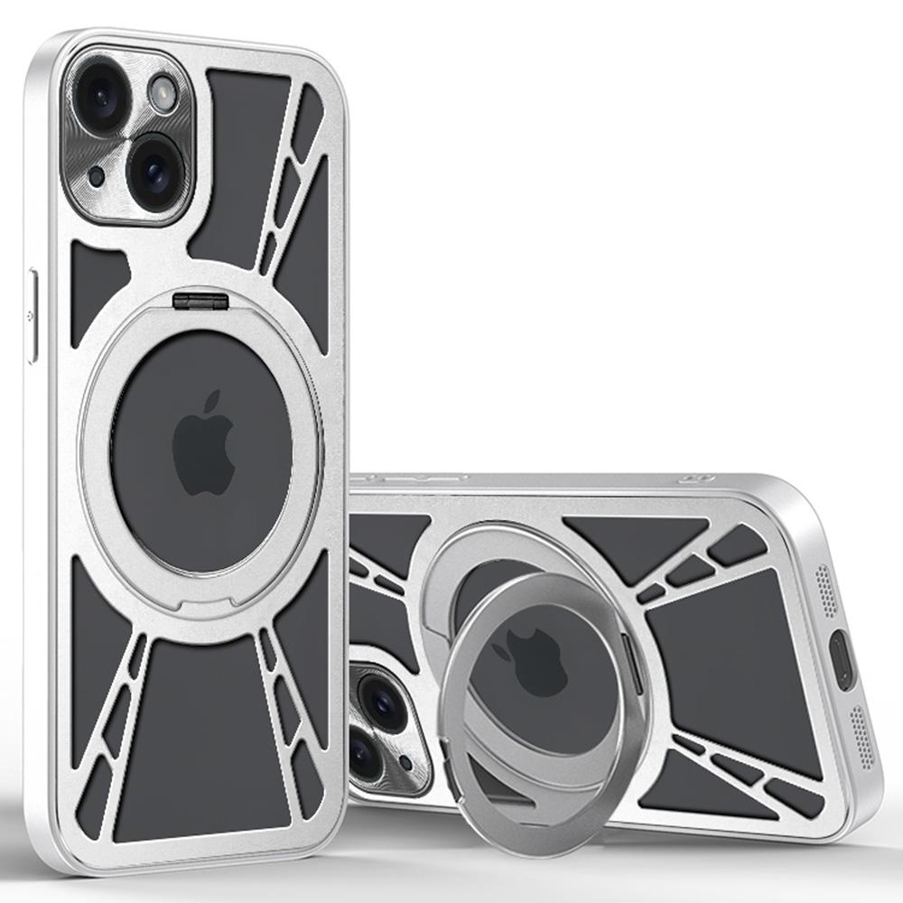 

For iPhone 14 Case Magnetic Kickstand Hollow Heat Dissipation Silicone+PC+Metal Bumper Phone Cover Silver