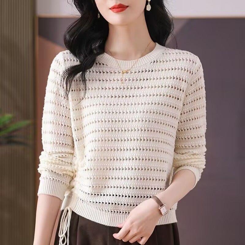 

Весенне-осенний тонкий ажурный свитер с круглым вырезом, женский короткий свободный свитер в западном стиле с длинными рукавами, универсальный топ для низа XXL бежевый