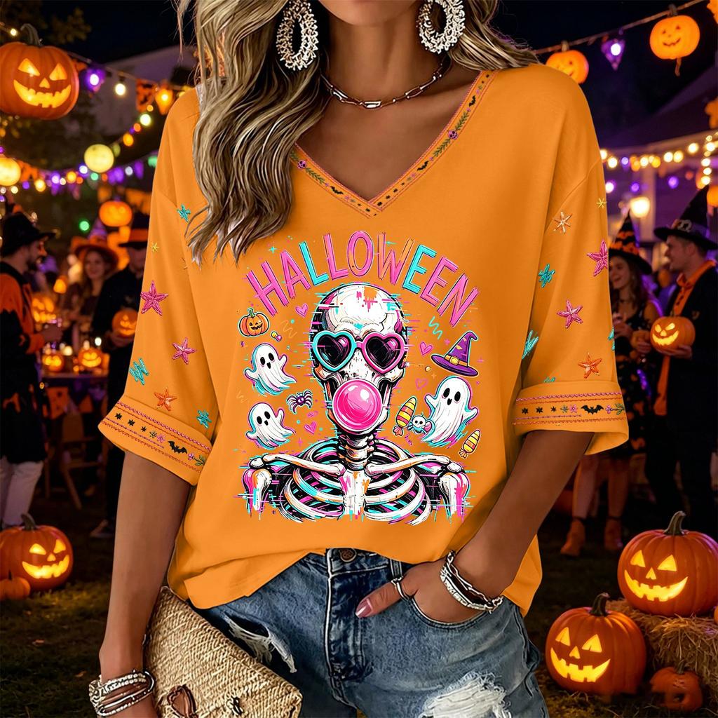 Women's V-Neck Three-Quarter Sleeve Halloween Print Top Blouse for Casual Fall Outfit