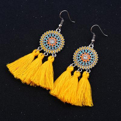 1 Pair Women's Ethnic Bohemian Flower Pattern Fan Fringe Long Tassels Dangle Earrings Eardrop Ear Studs