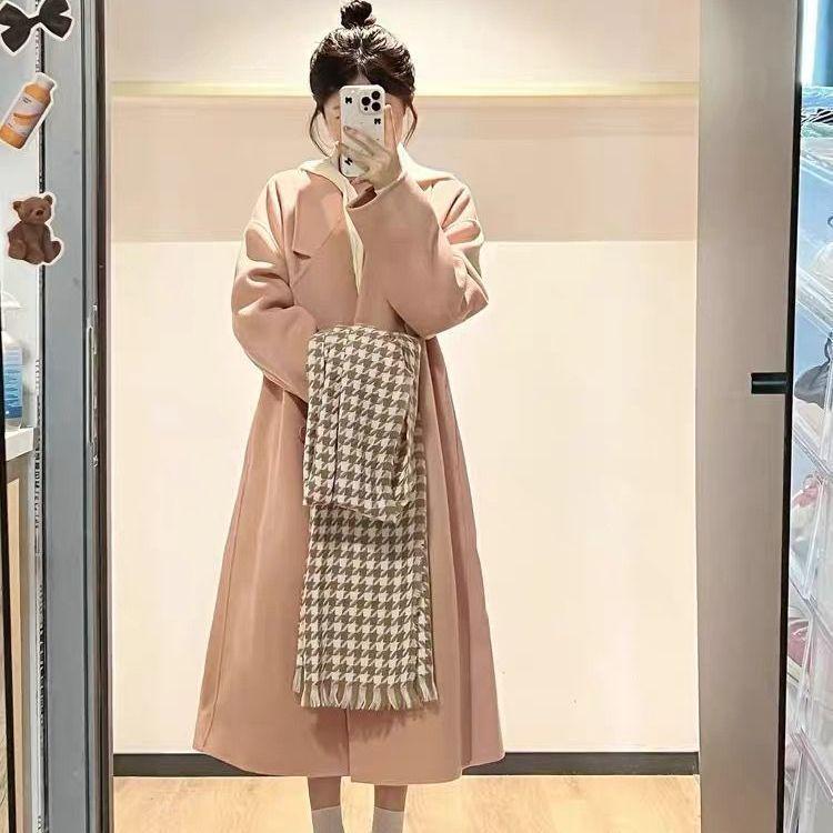 Petite Women's Korean-Style Fleece-Lined Gray Wool Coat for Fall/Winter