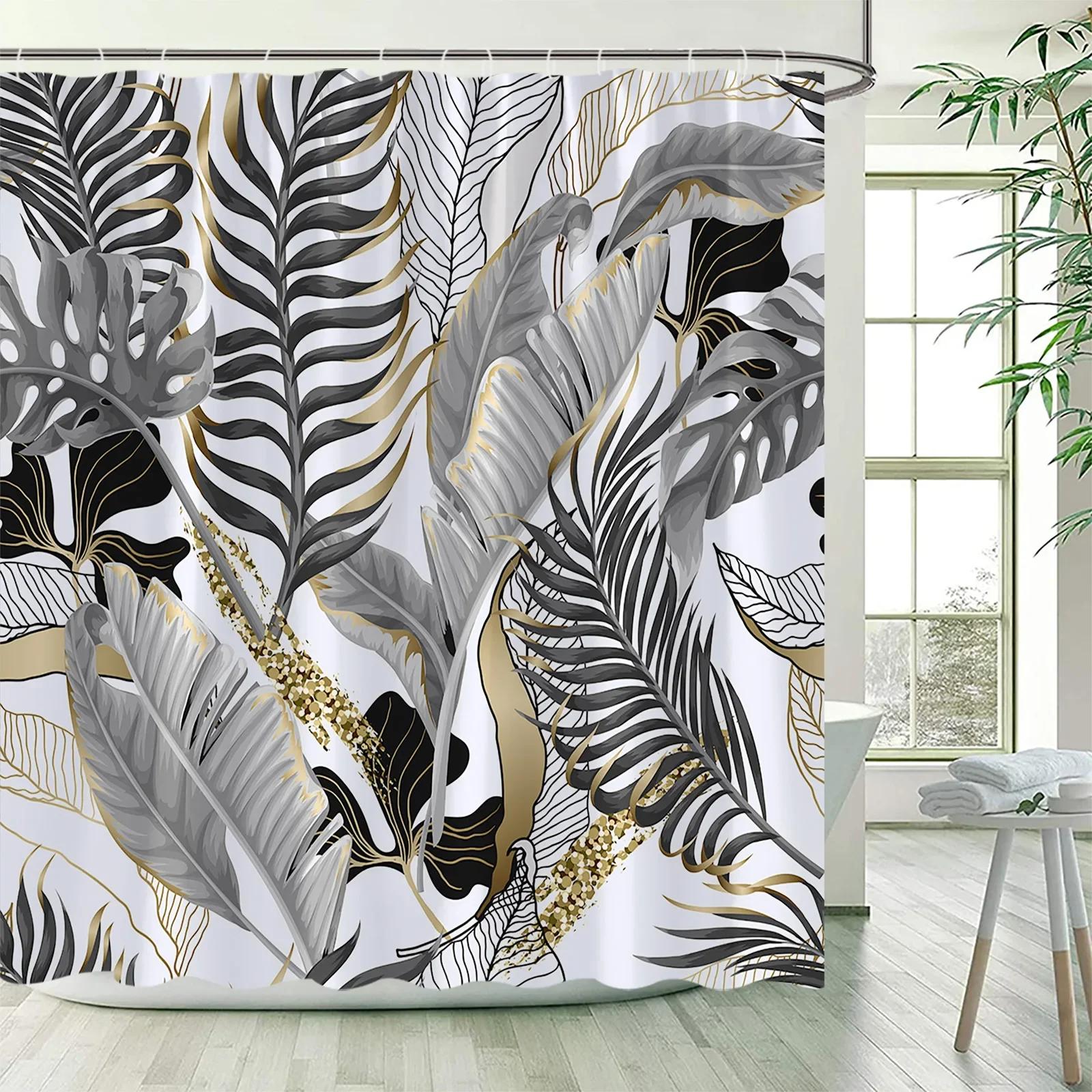 

Tropical Plants Floral Shower Curtains Beige Green Palm Leaves Flowers Nordic Decor Bathroom Polyester Bath Curtain with Hooks 90x180cm-35x70in