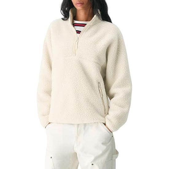 Damen Half-Zip Pullover Fleecejacke Langarm Stehkragen Sherpa Sweatshirt mit Taschen Herbst Flauschige Warme Oberbekleidung