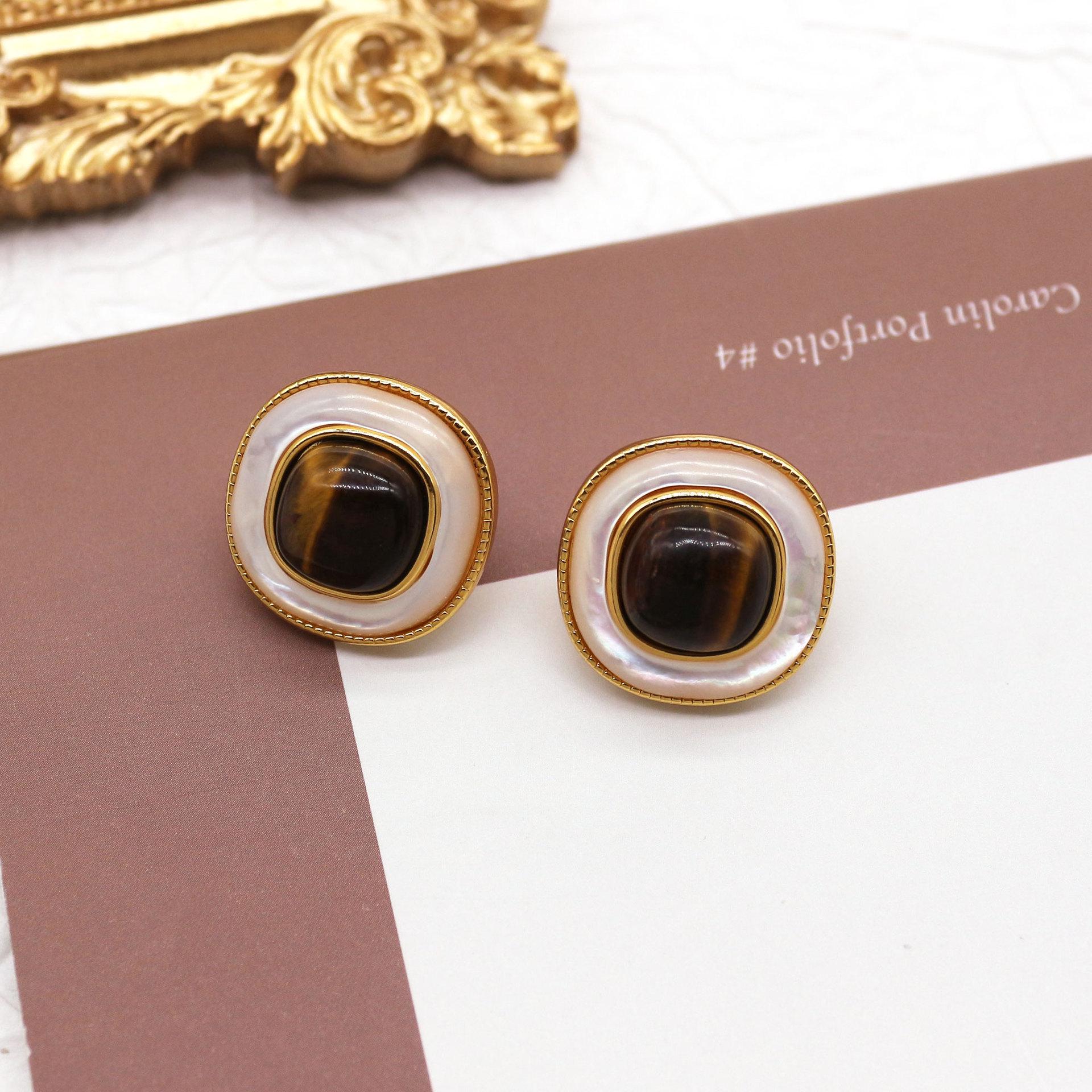 Геометрические серьги-гвоздики из раковины тигровый глаз: Роскошный Ретро Гонконгский Стиль Electroplated