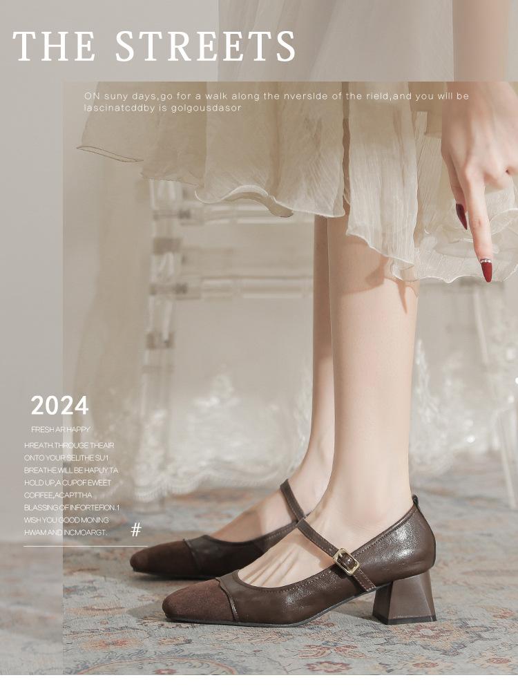 875-2 Temperament retro small square head thick heel Mary Jane single shoes women's one-word buckle 2025 new versatile high heels