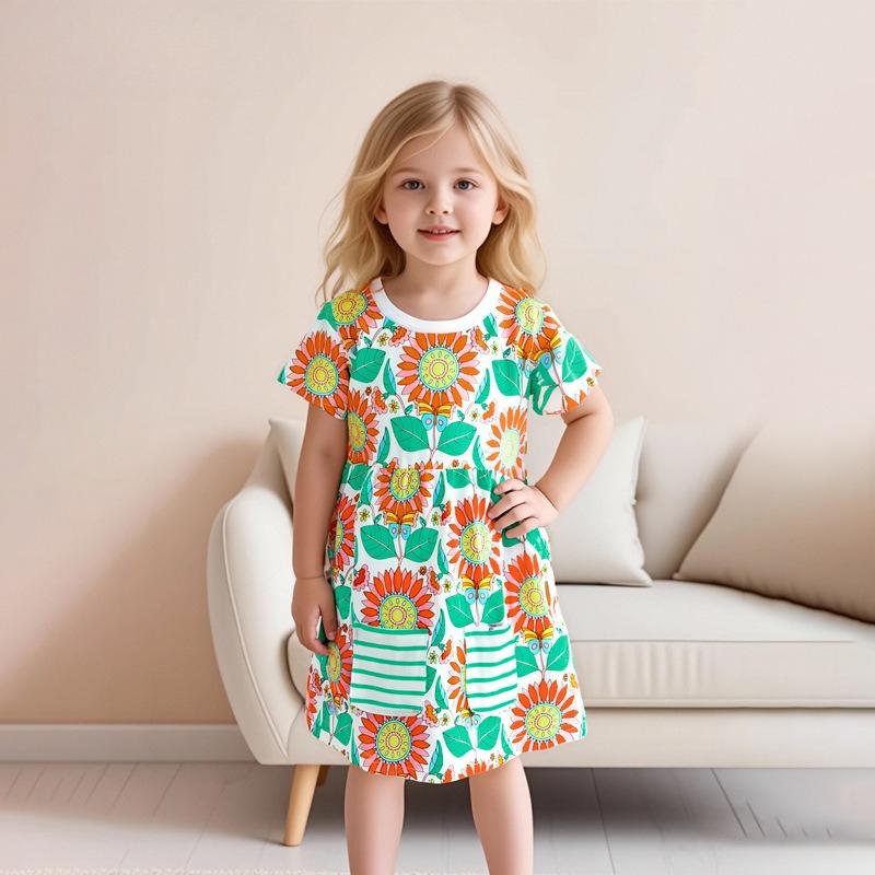 Girls' Dresses New Summer Collection Girls' Short-Sleeved Dresses Adorable Floral Print Children's Princess Dresses