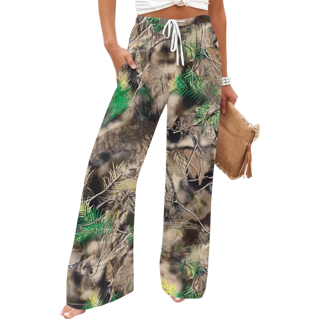 Damen Casual Bedruckte Weite Beine Kordelzug Tasche Strand Lässige Hose