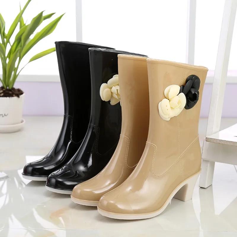 Fashion Ladies Shoes 2025 Mid-Calf Women's Boots Outdoor Rainboots Women Round Toe Slip On Floral Mixed Colors Chunky Heels Shoes Women