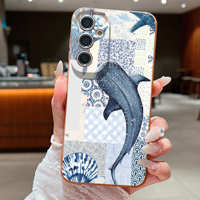 Blues Fish Whale Ocean Phone Case For Samsung S26 S25 S24 Ultra S23 S22 S21 FE A15 A16 A17 A35 A36 A37 A54 A55 A56 A57 5G Leather Texture Soft Cover