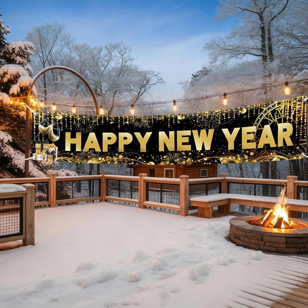 Long Happy New Year Banner 2026 Black Gold New Years Eve Party Decorations Banner Backdrop, 118 × 20 inch Sparkle Photo Booth Sign Background for