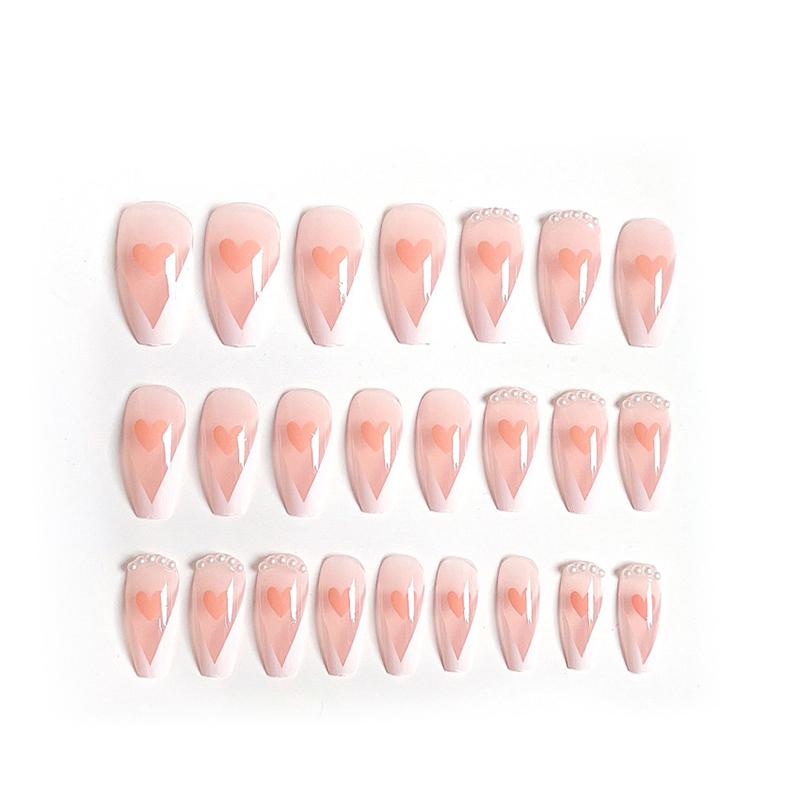 24pcs Love Heart Printed Nails Patch Glue Type Long Paragraph Fashion Removable Manicure False Nail Patch