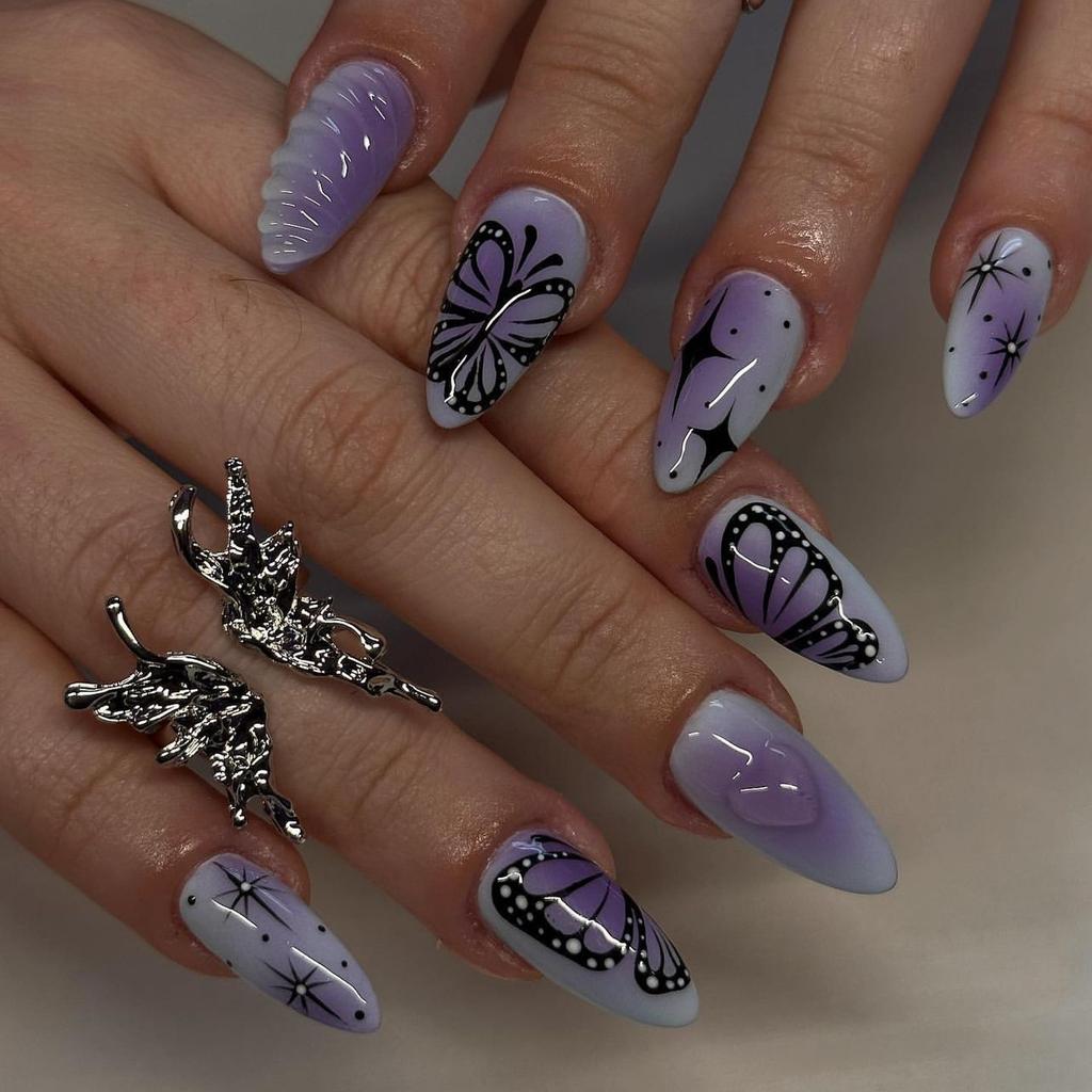 Purple Smudge 3D Love Wearing Nail Short Almond Manicure Fake Nail Butterfly Star Nails Nail Patch