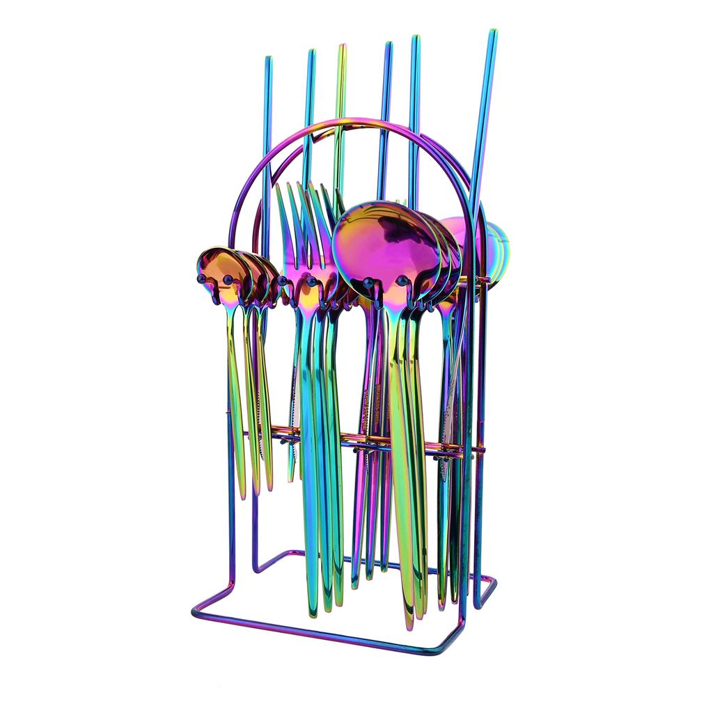 24stk sort gull servisesett rustfritt stål bestikksett kjøkkengaffel kniv skjeer servisesett bestikksett sølvtøy stativ