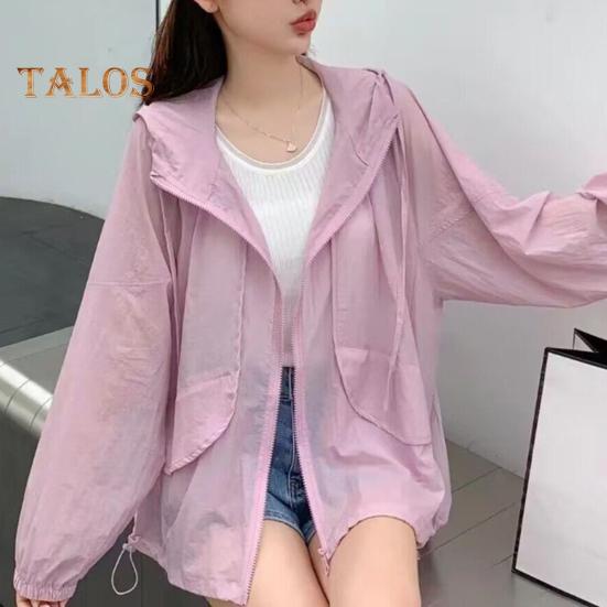 Sonnenschutzkleidung für Damen, mit Kapuze, Kordelzug, langärmelig, Sommermantel mit Taschendekoration, Sonnenschutzkleidung