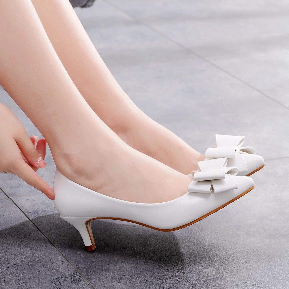 Bride Wedding Dress Pointed Toe Single Shoes Thin Heel Medium Heel Single Shoes Bow Pointed Toe Shoes Foreign Trade Large Size White Wedding Shoes