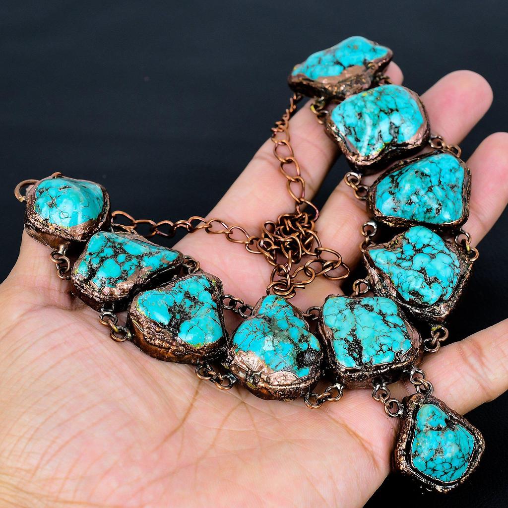 Turquoise Tumble Copper Electroformed Necklace with Adjustable Chain, Handmade Gemstone Jewelry Necklace For Memorial Day