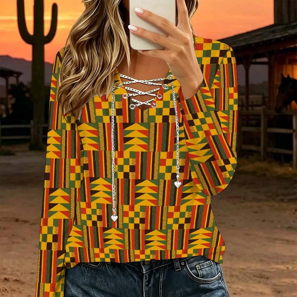Women Plus Size Crisscross V Neck Long Sleeve Top Retro Camouflage Print Casual Loose Blouse