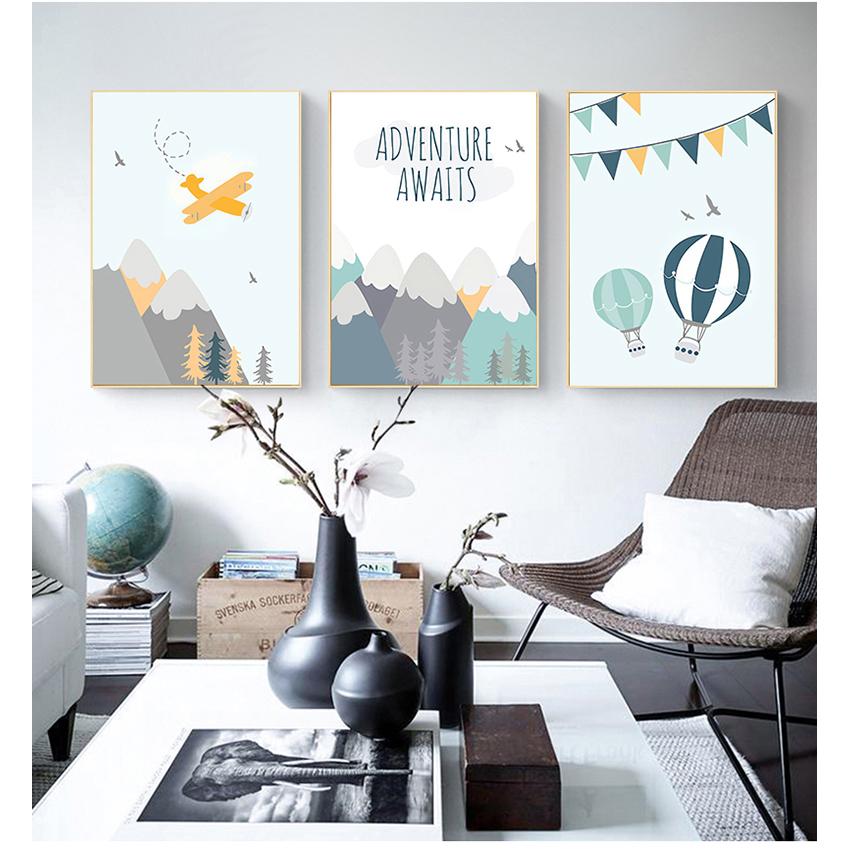 Art Canvas Painting Nordic Kid Room Decoration Picture Adventure Quote Nursery Child Poster Cartoon Mountain Airplane Print Wall