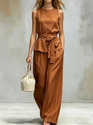 Nouveau Ensemble Deux Pièces pour Femmes Printemps Été Haut Sans Manches Couleur Unie Pantalon Casual avec Ceinture