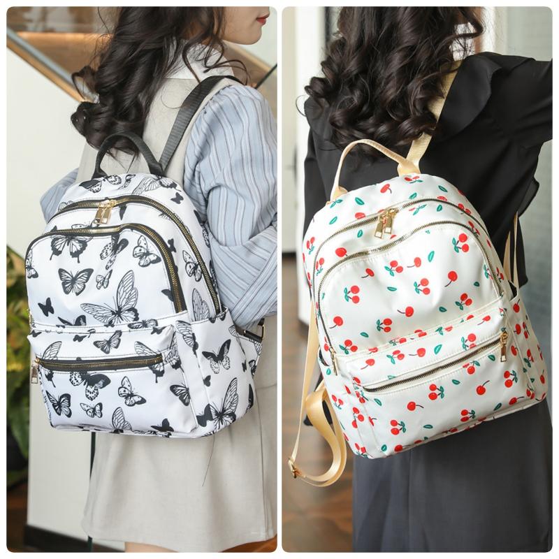 Fashion Sweet Cherry Butterfly Backpack Soft Nylon Fabric Women's Shoulder Bag Cute Versatile Teenager Girl School Bag Leisure Outdoor Travel Rucksack