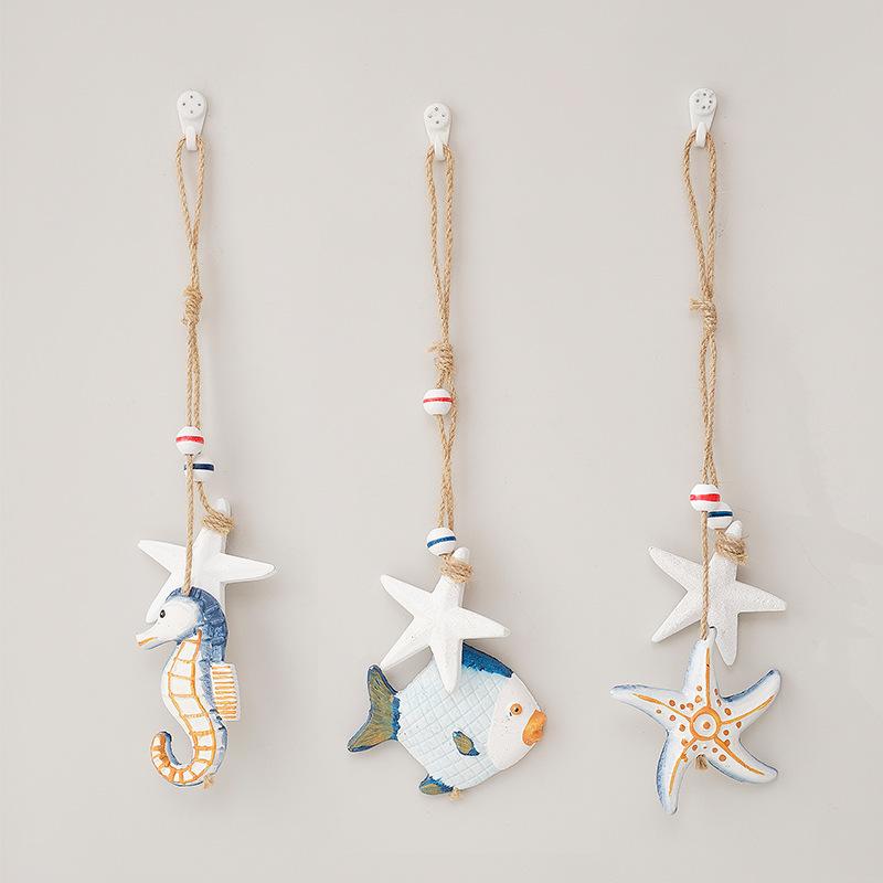 3PCS Mediterranean Wooden Fish Hanging Sea Horse Starfish Ornament Coastal Drop Beach Ocean Decor Beach Theme
