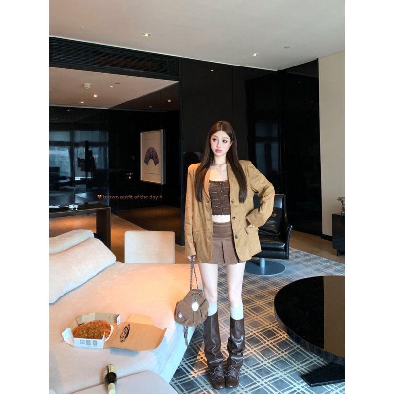 Maillard Suit Brown Suit Outwear Women's Camisole Autumn Sexy Pleated Skirt Skirt Three-Piece Suit