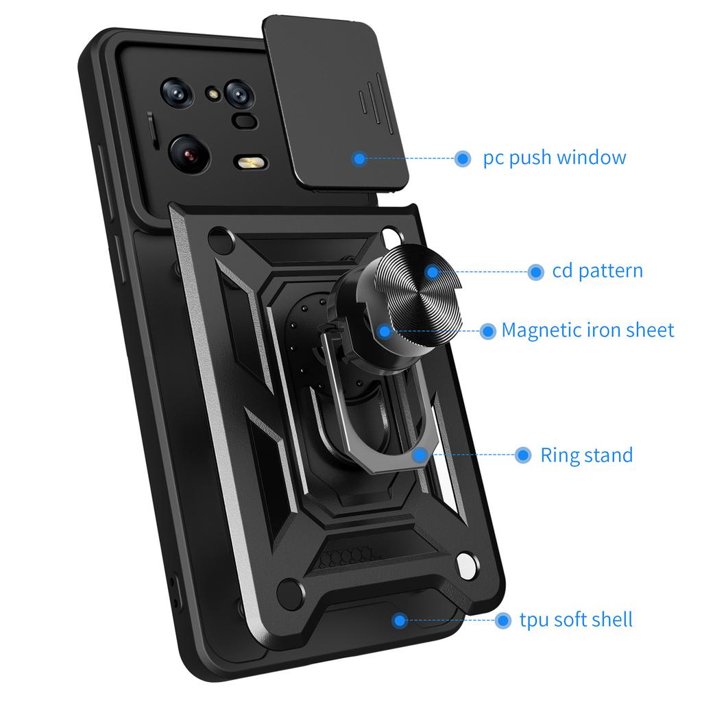 For Xiaomi 13 Pro 5G Ring Holder Kickstand Phone Case PC+TPU Slide Camera Protector Back Cover