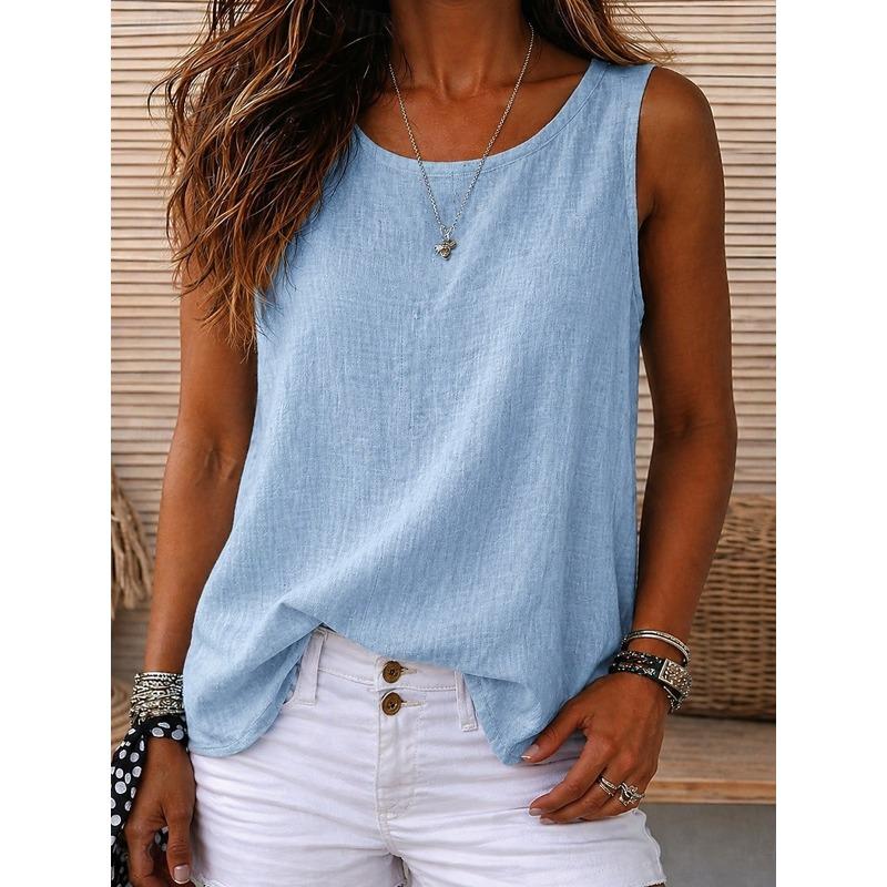 Women's Vintage Washed Round Neck Sleeveless Tank Top Casual Black White Sky Blue Orange Violet Summer Spring