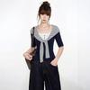 Navy Blue Striped Shawl Fake Two-piece Straight Shoulder Square Collar Five-quarter Sleeve T-shirt Women's Summer Slim Waist Mid-sleeve Half-sleeve